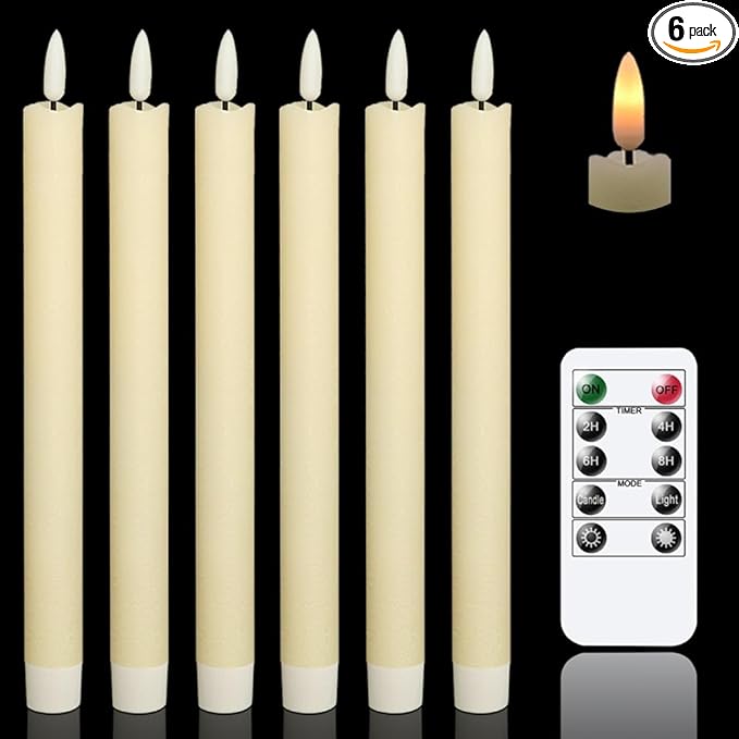 GenSwin Flameless Ivory Taper Candles Flickering with 10-Key Remote, Battery Operated Led Warm 3D Wick Light Window Candles Real Wax Pack of 6, Christmas Home Wedding Decor(0.78 X 9.64 Inch)