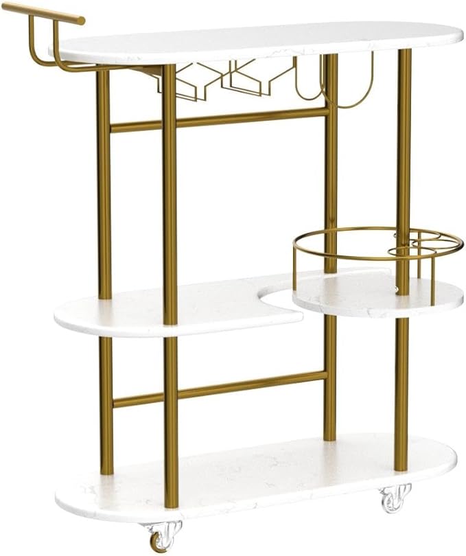 Gold Bar Carts with 4-Tier Storage Shelves, Mobile Bar Serving Cart with Wine Rack and Glass Holder, for The Home, Kitchen, Living Room, Dining Room