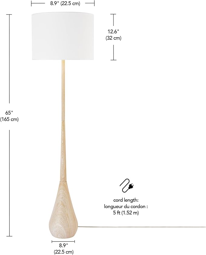 GLOBE Electric 52112 65" Floor Lamp, Faux Wood Finish, White Cotton Shade, Japandi Style, E26 Base, Modern Bedroom and Living Room Lighting