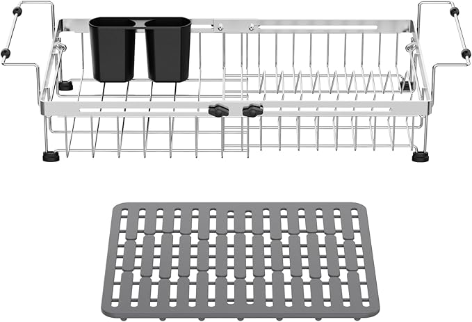 GSlife Expandable Sink Dish Drying Rack - Stainless Steel Capacity Adjustable Over The Sink Dish Rack (13.4''-20.4'') with Sink Mat and Utensil Holder, Silver