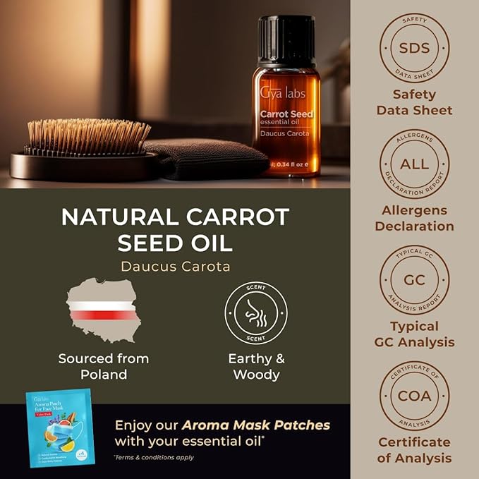 Gya Labs Carrot Seed Essential Oil - 0.34 Fl Oz - 100% Pure Natural Carrot Oil for Skincare, Hair, Scalp & Aromatherapy, Massages ,DIY ＆Candle Making Scent