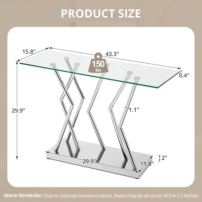 43.3" Glass Modern Console Table, Sturdy Silver Entryway Table with Stainless Steel Base, Rustic Entrance Table, Minimalist Narrow Tables for Living Room & Office