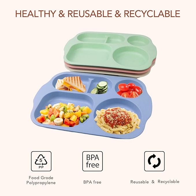 greenandlife 12 Inch (4PCS) Large Unbreakable Divided Plates for Kids Adults, Dishwasher & Microwave Safe Plate, Lightweight Reusable Plastic Compartment Plates, BPA Free and Healthy