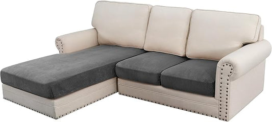 H.VERSAILTEX Velvet Stretch Sectional Couch Covers, 3 Pieces, L-Shaped with Separate Cushions - For Both Left/Right Couch Types (Large Sofa 2 Seater + Chaise, Grey Striped)