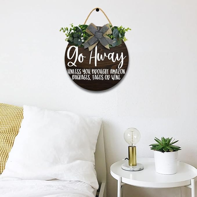 Go Away Hanging Wall Sign for Front Door Home Kitchen Decor Rustic Wooden Round Sign Wall Decoration for Kitchen Dining Room Living Room Bedroom Outdoor