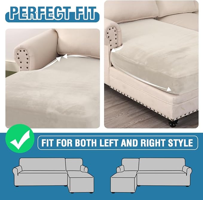 H.VERSAILTEX Velvet Stretch Individual Chaise Cover Sectional Couch Covers for L Shaped Sofa Both Left/Right Furniture Protector Seat Cushion Sofa Cover (1 Piece Chaise Cover, Porcelain)