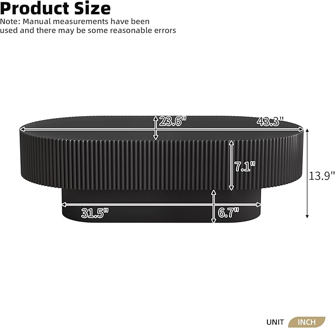 43.3" Oval Fluted Coffee Table Modern Elegant Drum End Table, Minimalist Center Table 7.8" Thick Tabletop with Sturdy Base for Living Room, Bedroom, Apartment,Easy Assembly, Black
