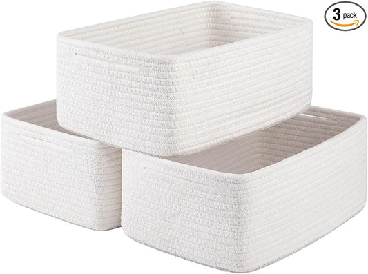 3 Pack Small Storage Baskets for Organizing, Cute Woven Decorative Gift Baskets for Shelves, Mini Closet Organizer Bins with Handles-13''Lx8.66''Wx5.11''H-White