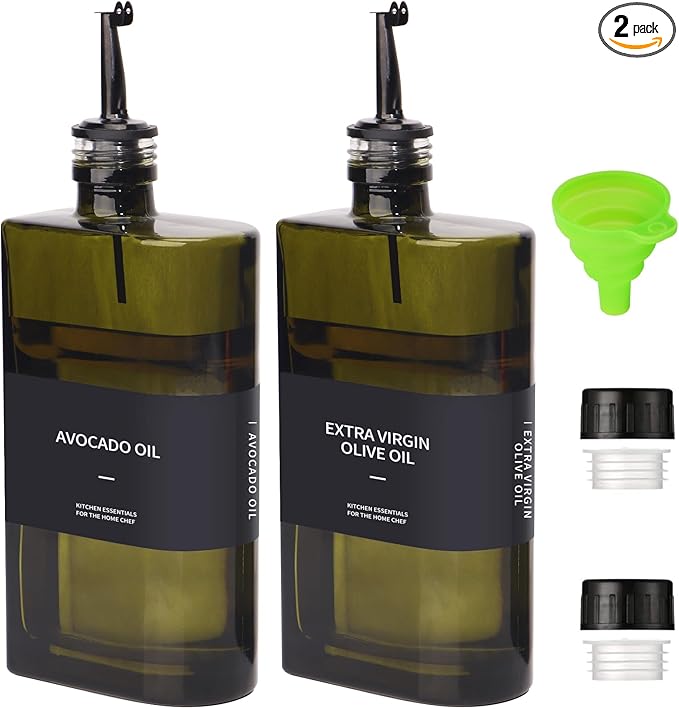 Glass Multi-Purpose Kitchen Dispenser Set | Universal for Olive Oil, Vinegar, Soy Sauce, and Syrup with Stainless Steel Pourers,2-Pack Dark Green,Avoid Sunlight