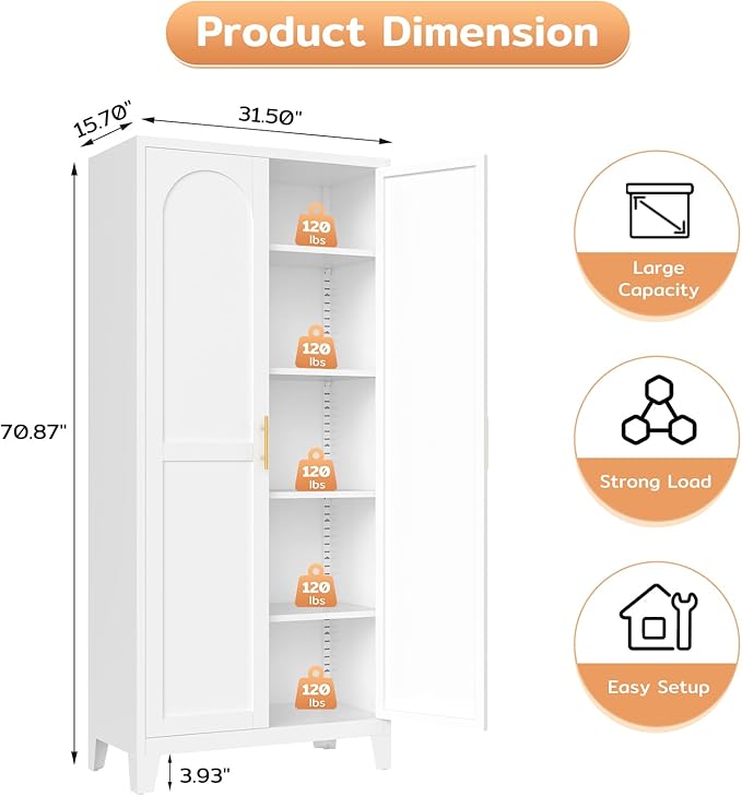 70.87" H Metal Kitchen Pantry Cabinet, Freestanding Cupboard with 2 Doors and 4 Adjustable Shelves, Tall Metal Storage Cabinet for Kitchen, Bathroom, Dinning Room or Laundry Room （White）