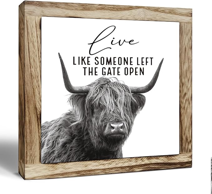 Funny Wood Sign, Cow Decor, Wooden Plaques Sign Table Decoration, Farmhouse Decorate for Shelf, Country Style Home Decor, Inspirational Decorate Signs, Live Like Someone Left the Gate Open Signs