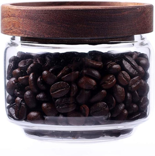 Glass Coffee Containers, 8.5 FL OZ/250 ml Kitchen Serving Food Storage Canister with Sealed Wooden Lid, BPA-Free Clear Glass Jar for Tea Leaves, Powder, Spice(3.06 inch)