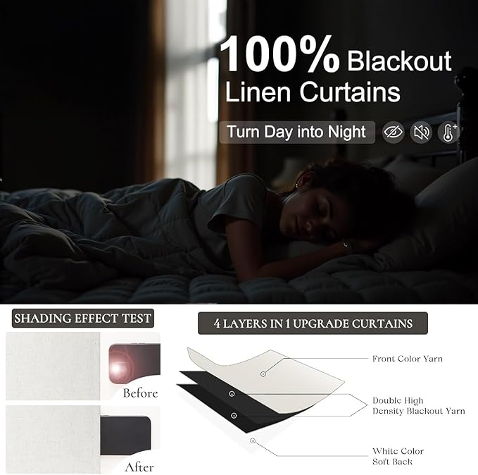 100 Inch Curtains Complete Blackout Linen Curtains for Bedroom 2 Panels Set Large Window Custom Length 100 Inches Long Neutral Cream Colored Thermal Drapes for Sliding Glass Doors Shades Blinds 52x100