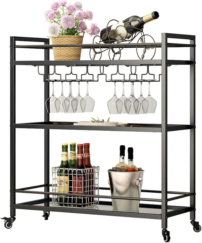 Glass Black Bar Carts for Home with Hanging Wine Rack - Home Bar Serving Cart with 3 Mirrored Shelves, Kitchen Bar Carts, Wine Cart for Entertaining, Club Party.