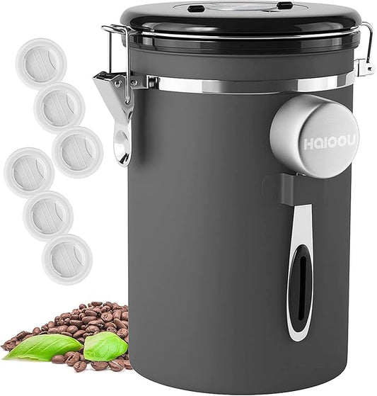 HAIOOU Airtight Coffee Canister, 22OZ Large Stainless Steel Coffee Bean Storage Container with Date Tracker, Measuring Scoop, CO2 Releasing Valves and Mini Tongs for Beans, Grounds and more - Gray