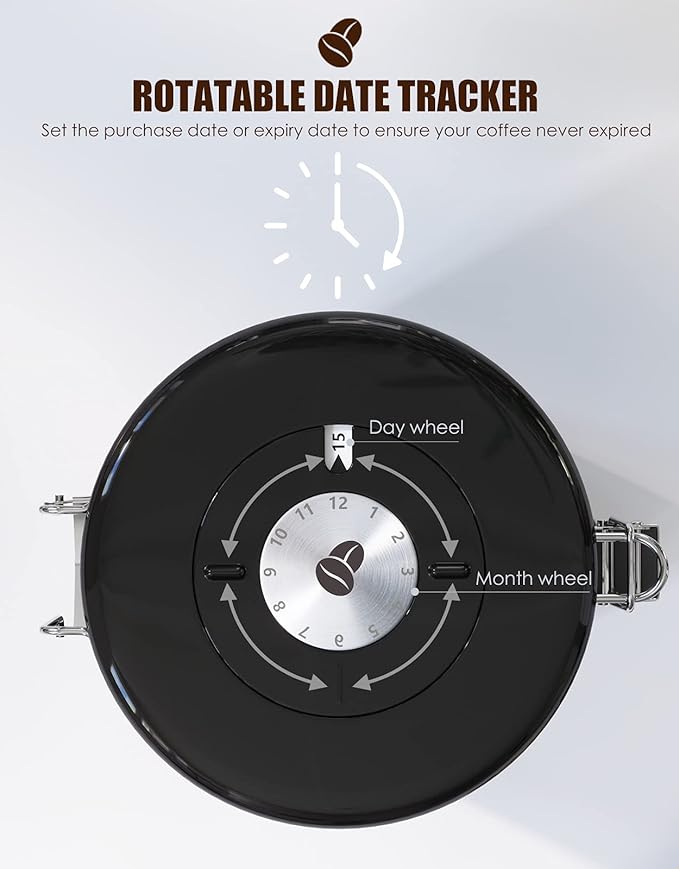 HAIOOU Airtight Coffee Canister, 22OZ +16OZ 2 Piece Stainless Steel Coffee Bean Storage Container with Date Tracker, Measuring Scoop, CO2 Releasing Valves, Mini Tongs for Coffee Bean, Grounds - Black