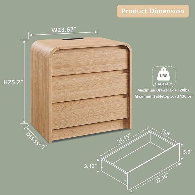 25" Tall Modern Nightstand Set of 2, 23.6" Wide Wood Bedside Table with Charging Station, 3 Storage Drawers Side Table w/Curved Profile Design,End Table for Bedroom, Natural Oak