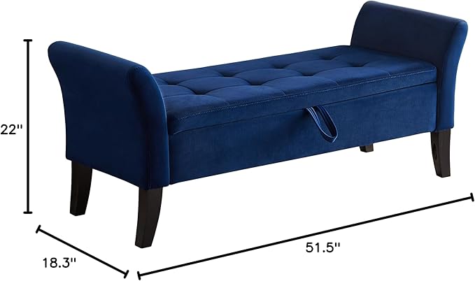 Furniliving Storage Ottoman Bench, Velvet Benches End of Bed Bench with Solid Wood Legs Upholstered Ottoman Bench with Storage Indoor Bench for Living Room with Rolled Arm, Entryway, NavyBlue