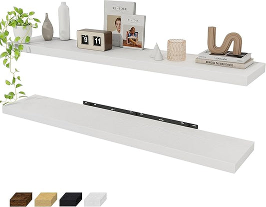 Fun Memories 55 Inch Floating Shelves for Wall 2 Pack Shelves for Bedroom|Kitchen|Bathroom 55 x 9.3 Inch Wood Floating Shelf with Invisible Brackets for Books|Storage|Decor, White