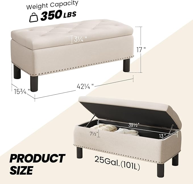 Furniliving 42” Ottoman Bench with Storage, Folding Storage Ottoman Benches with Wood Legs, Upholstered Bedroom Bench with Button-Tufted, Entryway Bench for Bedroom, Linen, Beige