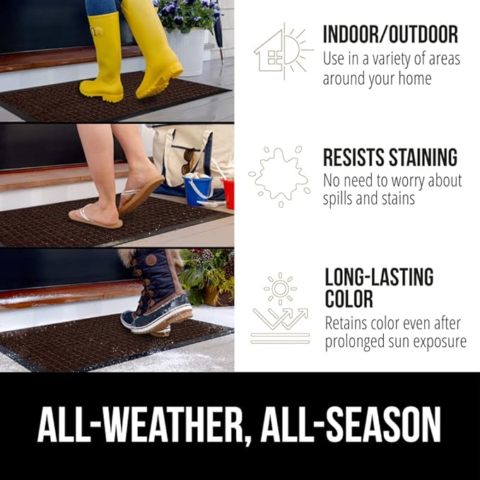GORILLA GRIP 100% Waterproof All-Season WeatherMax Doormat, 34x58, US Designed Natural Rubber, Stain and Fade Resistant, Low Profile Indoor Outdoor Door Mats, Easy Clean Patio Mat, Coffee Squares