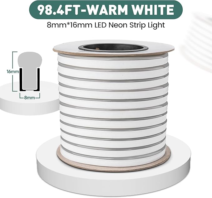 GZBtech Flexible LED Neon Rope Lights 100FT,AC 110-120V Waterproof Strip Light, 120 LEDs/M Cuttable Connectable Neon Lighting for Indoor Outdoor Home Decor/Commercial Building Use-Warm White 30M