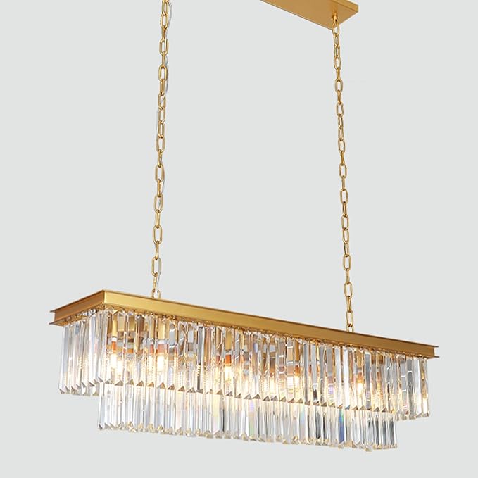 Gold Rectangle Crystal Chandelier, Modern Rectangular Pendant Ceiling Hanging Linear Chandeliers Light Fixture for Dining Room, Kitchen Island, Bar, 14-Light 59 Inches