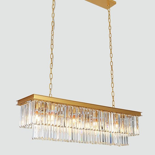 Gold Rectangle Crystal Chandelier, Modern Rectangular Pendant Ceiling Hanging Linear Chandeliers Light Fixture for Dining Room, Kitchen Island, Bar, 14-Light 59 Inches