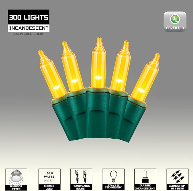 300LIGHTS(2*150L) YELLOW Extra-Bright With End Connectors Christmas Decorative Light 19.44m UL Certified Mini String Light Set Waterproof for Home Garden Holiday Tree Party Patio Decor Wedding