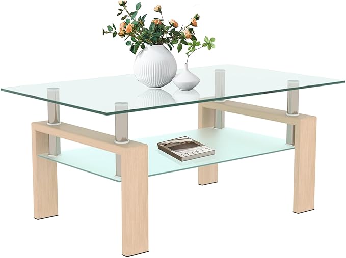Glass Coffee Table Rectangle Living Room Center Table, 39inch Transparent Tempered Glass Tabletop and Beige Wood Grain Metal Legs, Beige + Clear Glass