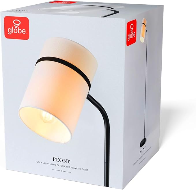 GLOBE Electric 61000145 62" Floor Lamp, Matte Black, White Fabric Shade, in-Line of/Off Foot Switch, 6-Foot Black Cord, Reading Light, Bedroom, Living Room, Home Decor