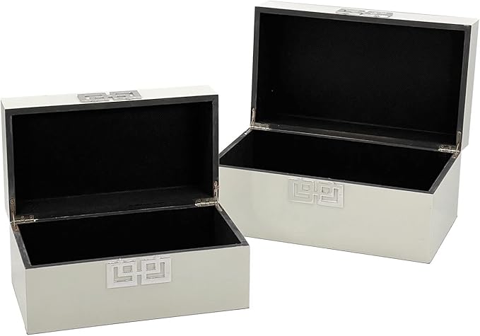 Galt International Storage Box Set Decorative Storage Box w/Hinged Lid Classic Design Wood Decor Boxes with Geometric Clasp Storage for Bedroom & Home - Set of 2 (White & Silver)