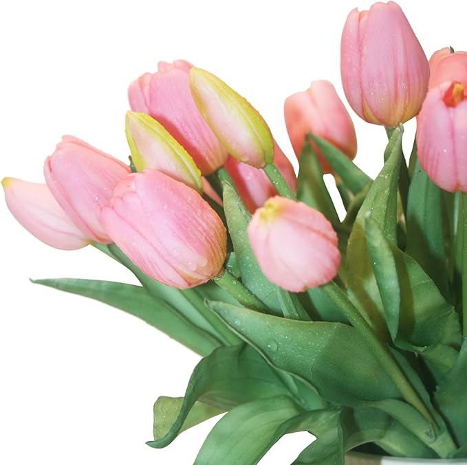 15pcs Artificial Tulips Flowers, Fake Tulips Real Touch, Faux Latex Bouquets, for Party Wedding Home Room Decoration (Pink)