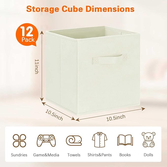 GhvyenntteS Storage Cubes 12 Pack, 11 Inch Cube Storage Bins with Dual Handles, Collapsible Fabric Storage Bins for Shelves Closet, Storage Baskets for Organizing Clothes, Bedding, Books, Beige
