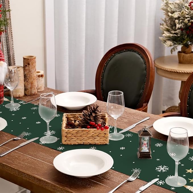 GEEORY Christmas Table Runner 13x108 Inch, Xmas Trees Snowflakes Holiday Decorative Farmhouse Table Decoration for Kitchen Dinning, Indoor Outdoor Dinner Party Decor (Green) GT152-108