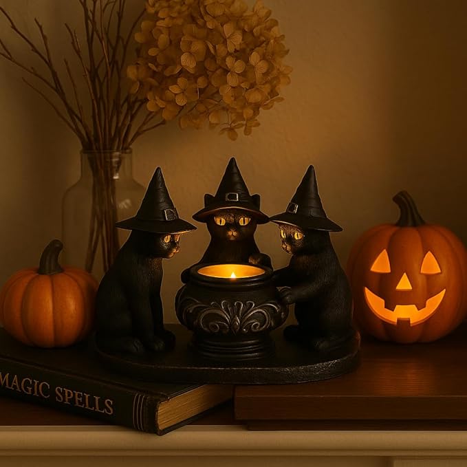 Halloween Black Cat Candle Holder, Cute Halloween Table Decor & Mantel Decoration (Black)