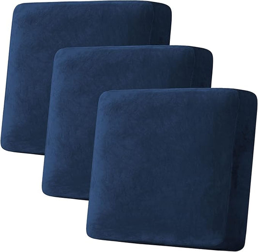 H.VERSAILTEX Velvet Stretch Couch Cushion Cover Plush Cushion Slipcover for Chair Loveseat Sofa Cushion Furniture Protector Seat Cushion Sofa Cover (3 Piece XL Sofa Cushion Covers, Navy)