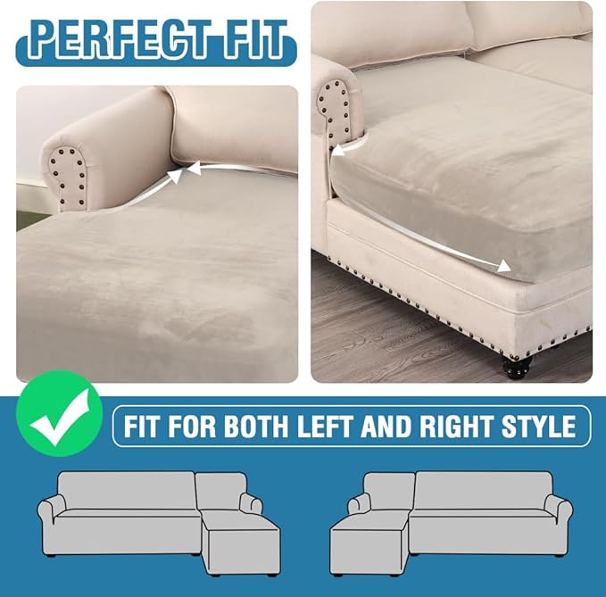 H.VERSAILTEX Velvet Stretch Individual Chaise Cover Sectional Couch Covers for L Shaped Sofa Both Left/Right Furniture Protector Seat Cushion Sofa Cover (1 Piece Chaise Cover, Oatmeal)