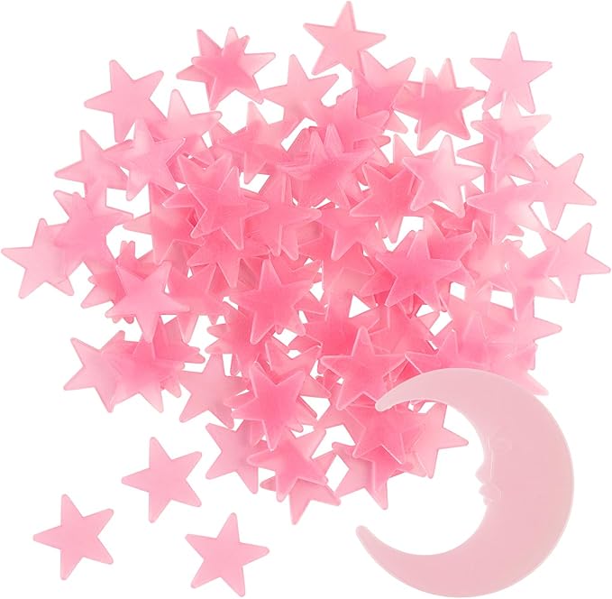 100 Stars and 1 Moon Glow in The Dark Luminous Fluorescent 3D Plastic Glow Stars Moon for Ceiling, Glowing Wall Stickers Create a Realistic Starry Sky, Room Decorations (Pink)