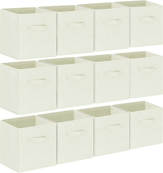 GhvyenntteS Storage Cubes 12 Pack, 11 Inch Cube Storage Bins with Dual Handles, Collapsible Fabric Storage Bins for Shelves Closet, Storage Baskets for Organizing Clothes, Bedding, Books, Beige