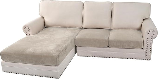 H.VERSAILTEX Velvet Stretch Sectional Couch Covers 3 Pieces Sofa Seat Cushion Covers L Shape Separate Couch Cover for Both Left/Right Sectional Couch (Large Sofa 2 Seater + 1 Chaise, French Oak)