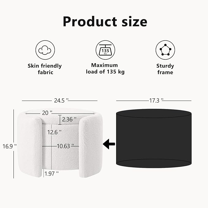 Furniliving Upholstered Button Tufted Round Ottoman, Ottoman with Storage, Teddy Footrest Stool, Removable Lid Convenient Footstools, Bedroom Ottomans with Storage for Vanity, Living Room, White