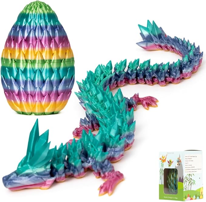 3D Printed 12” Articulated Crystal Dragon Inside 5.1” Egg – Fantasy Collectible, Fidget Toy & Stocking Easter Basket Stuffers for Home & Office Decor (Rainbow)