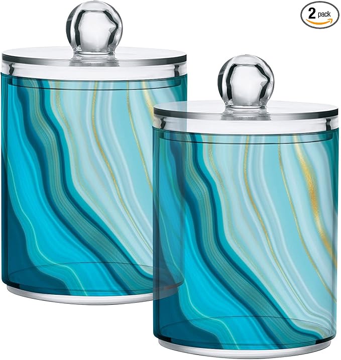2 Pack Qtip Holder Dispenser Teal Turquoise Blue Marble Bathroom Storage Canister Lid Acrylic Plastic Apothecary Jar Set Vanity Makeup Organizer for Cotton Swab/Ball/Round Pads, Floss