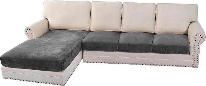 H.VERSAILTEX Velvet Stretch Sectional Sofa Covers - 4 Piece Seat Cushions for L Shape Sectional Couch (Large 3 Seater + 1 Chaise, Grey)