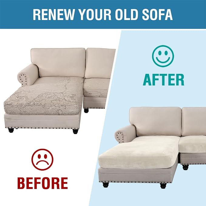 H.VERSAILTEX Velvet Stretch Sectional Couch Covers 3 Pieces Sofa Seat Cushion Covers L Shape Separate Couch Cover for Both Left/Right Sectional Couch (Large Sofa 2 Seater + 1 Chaise, Porcelain)