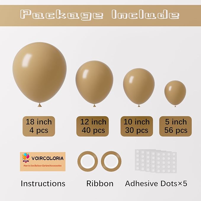 130pcs Tan Balloons Different Sizes 18" 12" 10" 5" Light Brown Latex Balloon Garland Arch Kit for Birthday Baby Shower Graduation Wedding Gender Reveal Anniversary Party Decorations