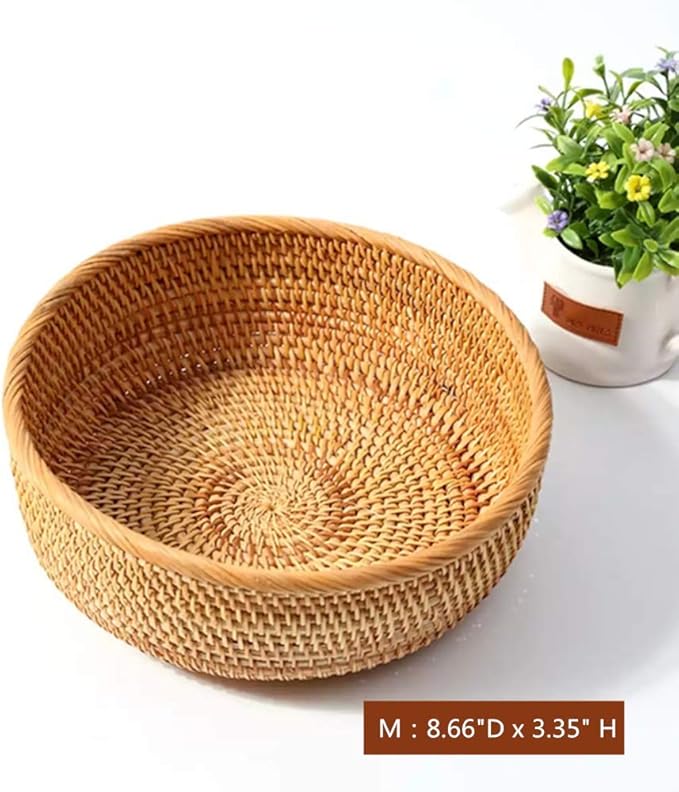 Hadewoven Round Rattan Fruit Basket Wicker Food Tray Weaving Storage Holder Dinning Room Bowl, 9 Inch Woven Bread Basket Key Bowls with 3.5”Wall for Table, Countertop (Medium 8.66")