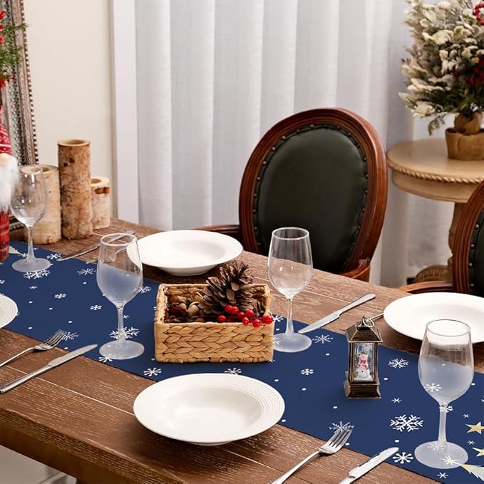 GEEORY Christmas Table Runner 13x90 Inch, Xmas Trees Snowflakes Holiday Decorative Farmhouse Table Decoration for Kitchen Dinning, Indoor Outdoor Dinner Party Decor (Blue) GT151-90