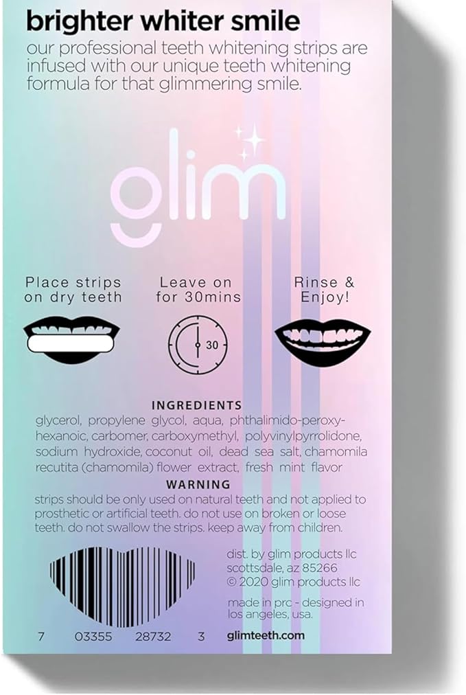 Glim Professional Teeth Whitening Strips| 42 Strips (21 Treatments), Hydrogen-Free, Peroxide-Free, Non-Toxic, Dentist Recommended, Sensitivity Free - Vegan & Cruelty Free - (Mint)